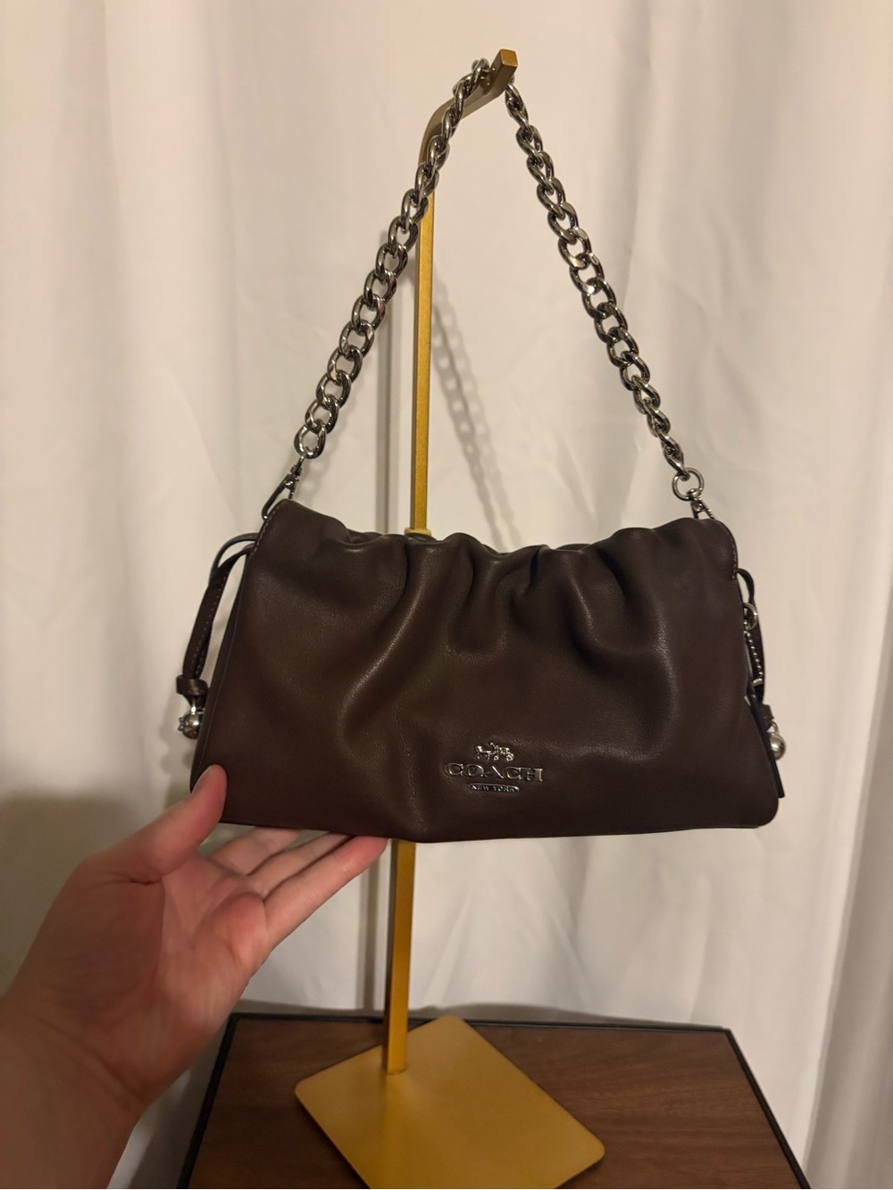 Coach Faye Brown Leather Shoulder Bag with Chain Strap